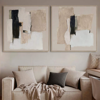 Lbd Exclusive  |  Bassano Framed Textured Print on Hessian  |  Set of 2  |  100x100cm  |  Sand + Black + White  |  Natural Bamboo Frame