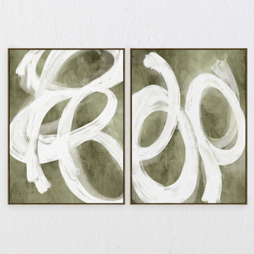 Lbd Exclusive  |  Varese Framed Canvas Print |  Set of 2  |  90x 120cm  |  Olive + Off White   |  Light Bamboo Frame