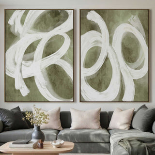 Lbd Exclusive  |  Varese Framed Canvas Print |  Set of 2  |  90x 120cm  |  Olive + Off White   |  Light Bamboo Frame