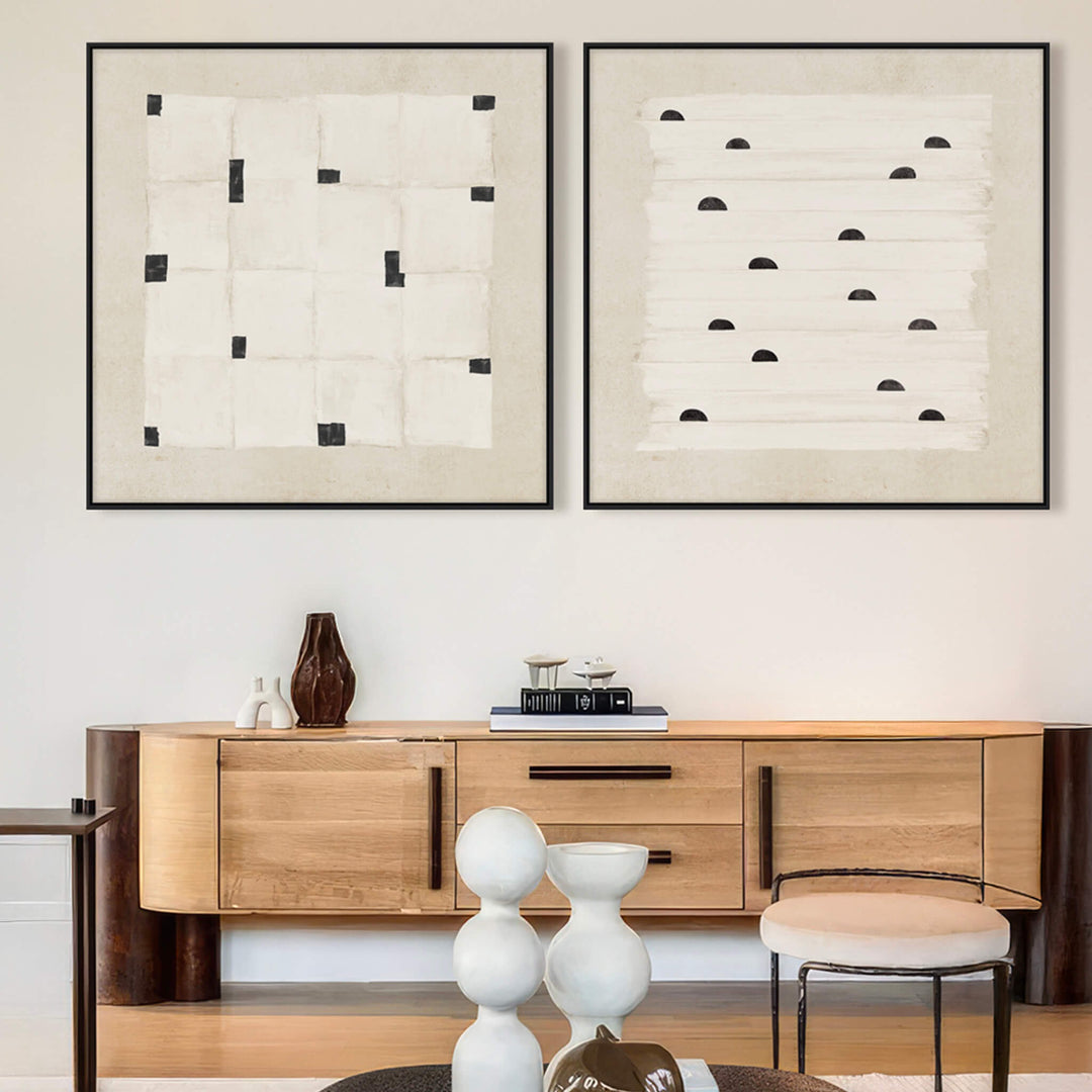 LOCARNO FRAMED CANVAS PRINT |  SET OF 2  |  100 X 100CM  |  OFF WHITE + LINEN |  BLACK FRAME