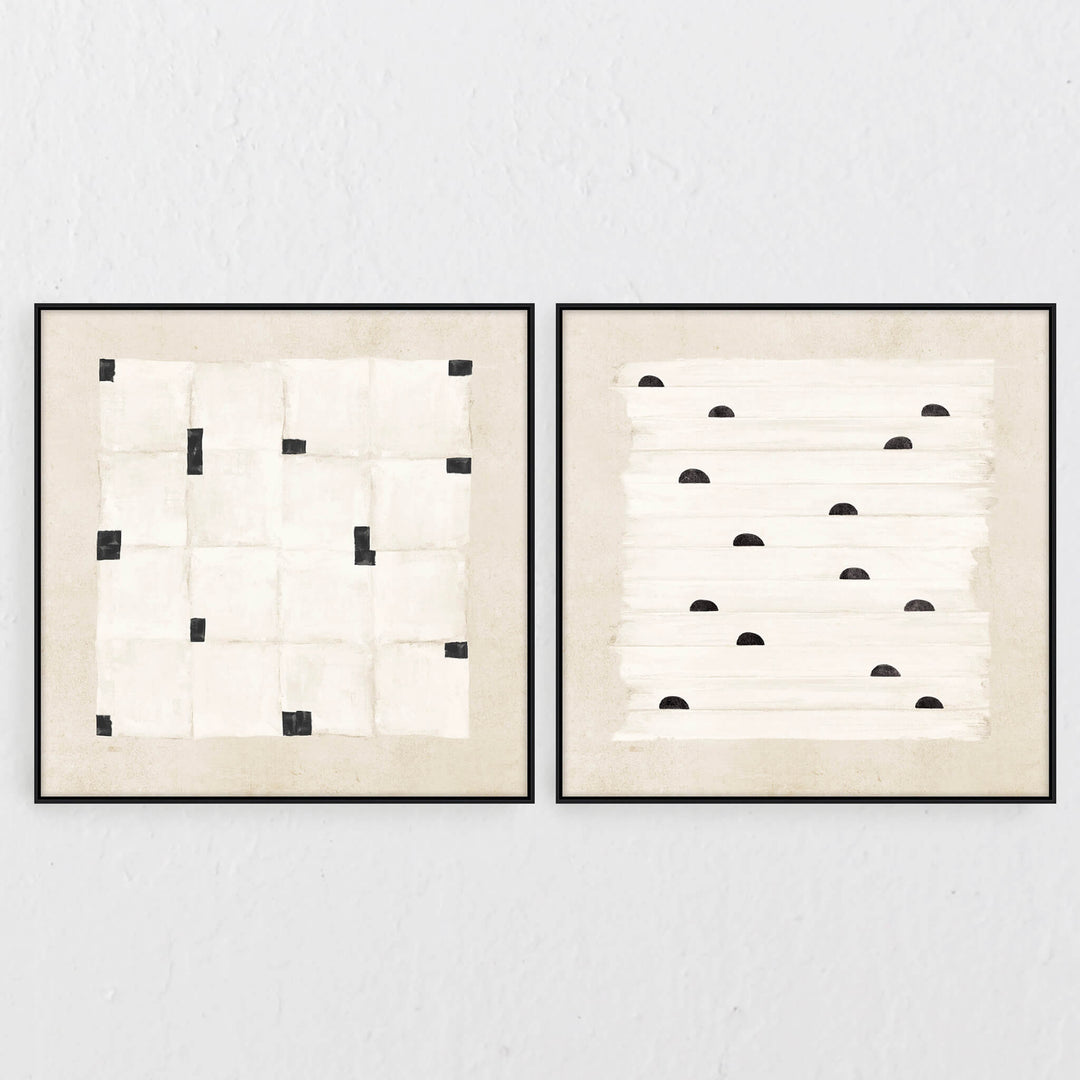 LOCARNO FRAMED CANVAS PRINT |  SET OF 2  |  100 X 100CM  |  OFF WHITE + LINEN |  BLACK FRAME