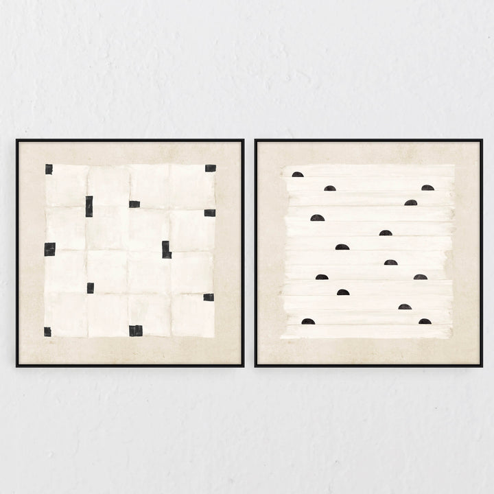 LOCARNO FRAMED CANVAS PRINT |  SET OF 2  |  100 X 100CM  |  OFF WHITE + LINEN |  BLACK FRAME