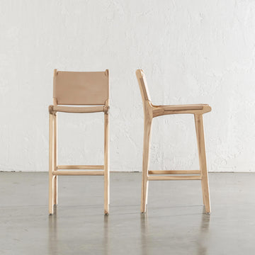 MALAND CONTEMPO SOLID HIDE LEATHER BAR CHAIRS  |  HIGH  |  BLONDE WOOD + TOASTED ALMOND LEATHER HIGH BAR STOOL