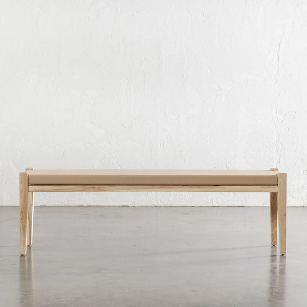PRE ORDER  |  MALAND CONTEMPO SOLID HIDE LEATHER BENCH  |  BLONDE WOOD + TOASTED ALMOND LEATHER HIDE