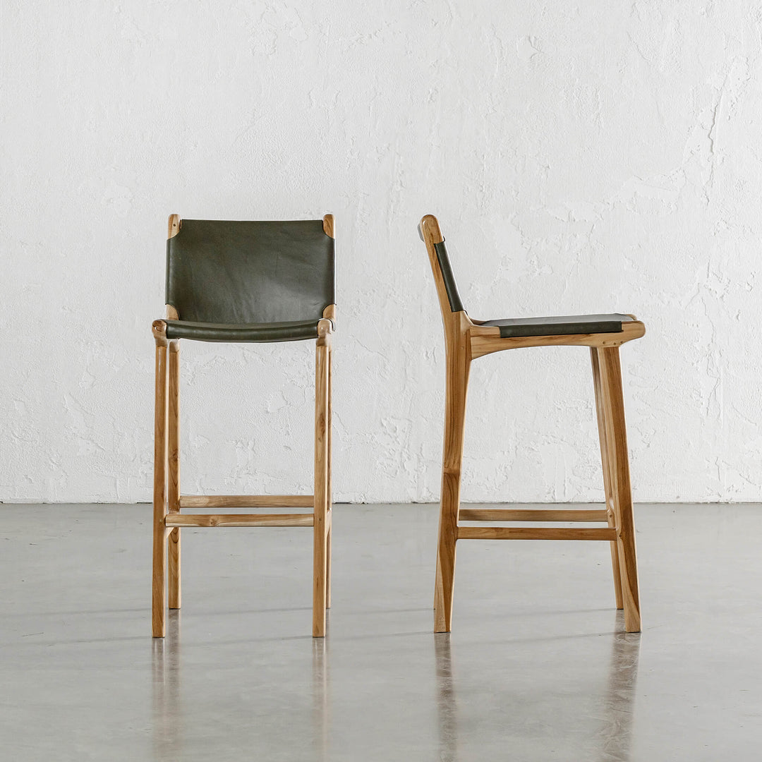 MALAND SOLID LEATHER BAR CHAIR  |  HIGH + LOW  |  OLIVE LEATHER HIDE