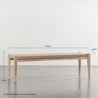 MALAND CONTEMPO SOLID HIDE LEATHER BENCH | BLONDE WOOD + TOASTED ALMOND LEATHER HIDE | MEASUREMENTS