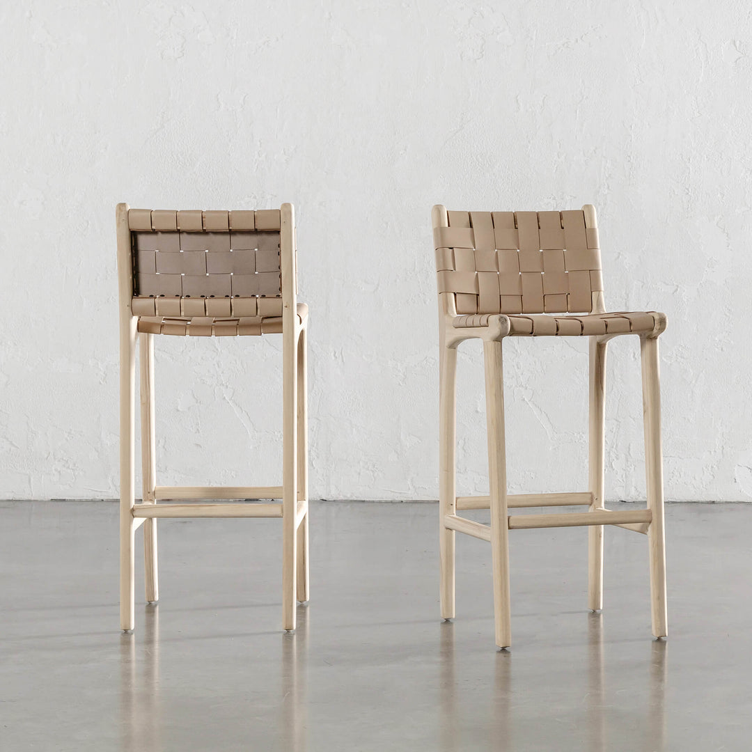 UP TO 50% LTD SALE  |  MALAND CONTEMPO WOVEN LEATHER BAR CHAIRS  |  HIGH + LOW  |  BLONDE WOOD + TOASTED ALMOND LEATHER