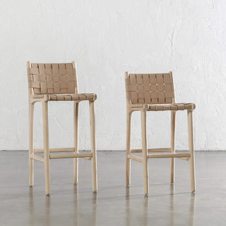 MALAND CONTEMPO WOVEN LEATHER BAR CHAIRS  |  HIGH + LOW  |  BLONDE WOOD + TOASTED ALMOND LEATHER