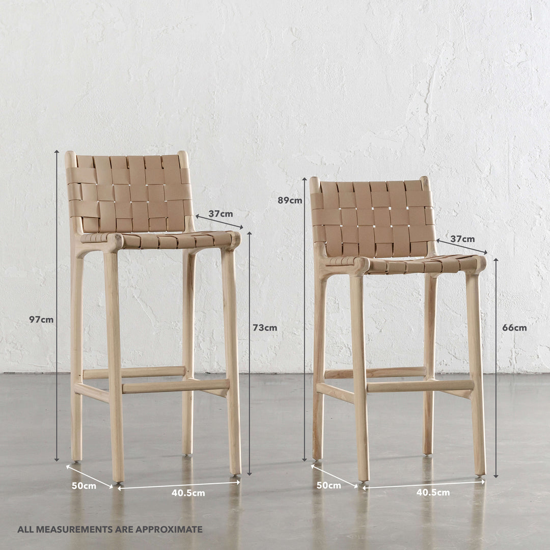 MALAND CONTEMPO WOVEN LEATHER BAR CHAIRS | HIGH + LOW | BLONDE WOOD + TOASTED ALMOND LEATHER | MEASUREMENTS