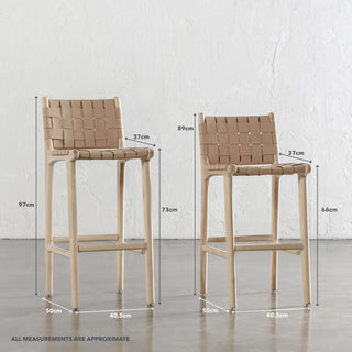 MALAND CONTEMPO WOVEN LEATHER BAR CHAIRS | HIGH + LOW | BLONDE WOOD + TOASTED ALMOND LEATHER | MEASUREMENTS