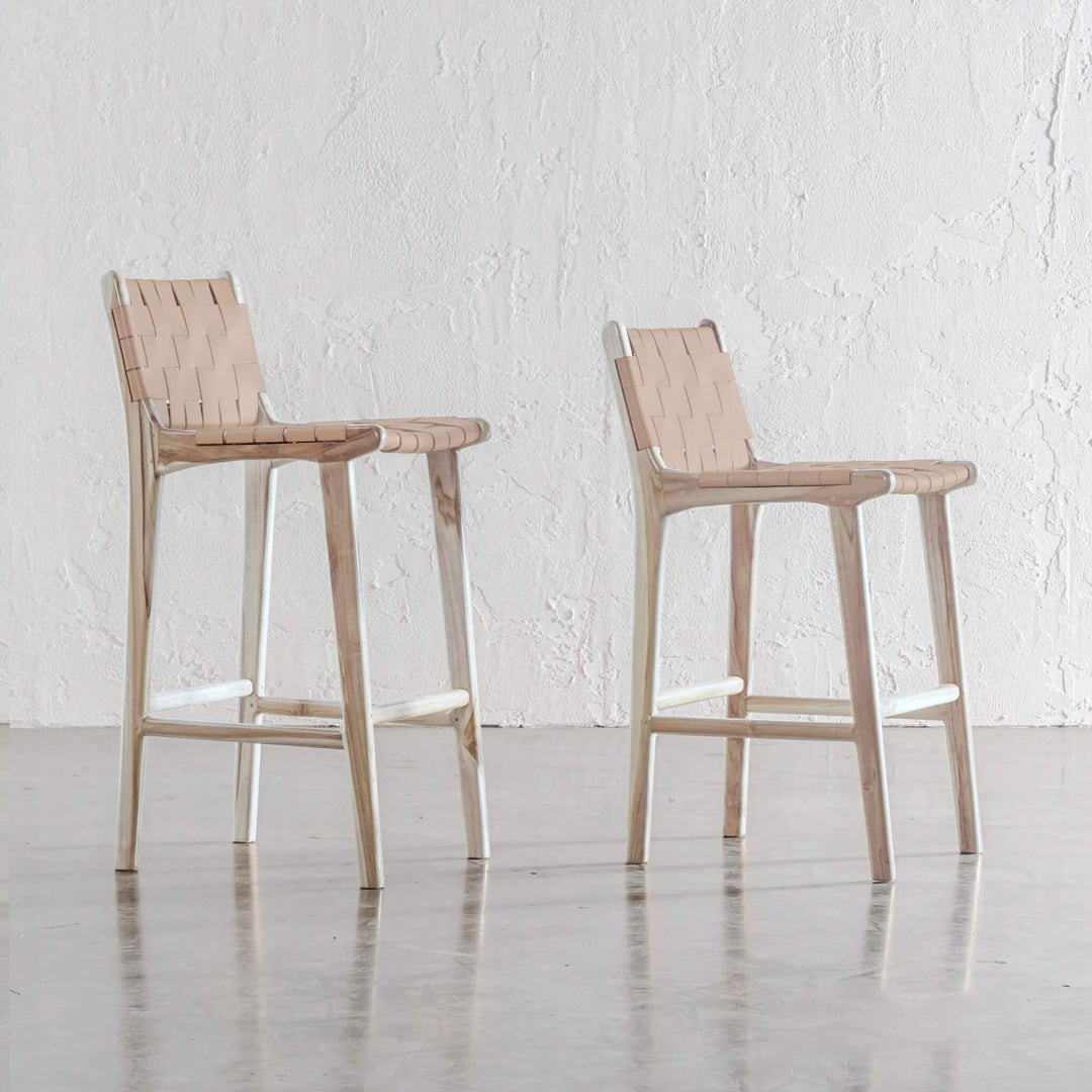 MALAND CONTEMPO WOVEN LEATHER BAR CHAIRS  |  HIGH + LOW  |  BLONDE WOOD + TOASTED ALMOND LEATHER