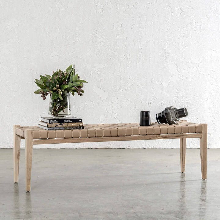 MALAND CONTEMPO WOVEN LEATHER BENCH | BLONDE WOOD + TOASTED ALMOND LEATHER HIDE
