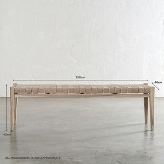 MALAND CONTEMPO WOVEN LEATHER BENCH | BLONDE WOOD + TOASTED ALMOND LEATHER HIDE