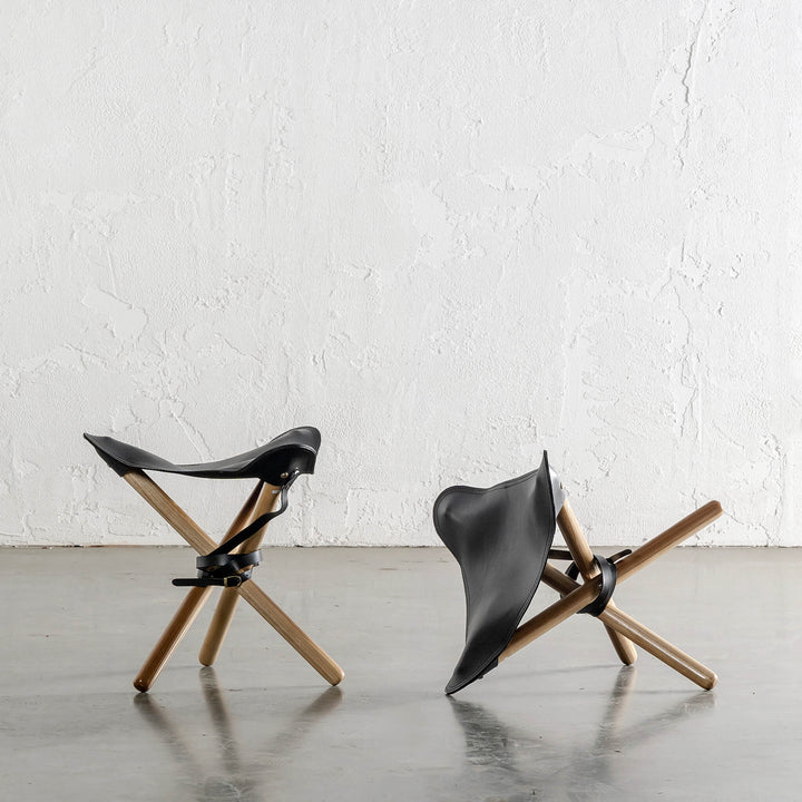 MALAND FOLDUP STOOL  |  NATURAL TEAK + BLACK LEATHER HIDE