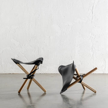 MALAND FOLDUP STOOL  |  NATURAL TEAK + BLACK LEATHER HIDE