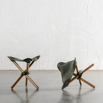 MALAND FOLDUP STOOL  |  NATURAL TEAK + OLIVE LEATHER HIDE