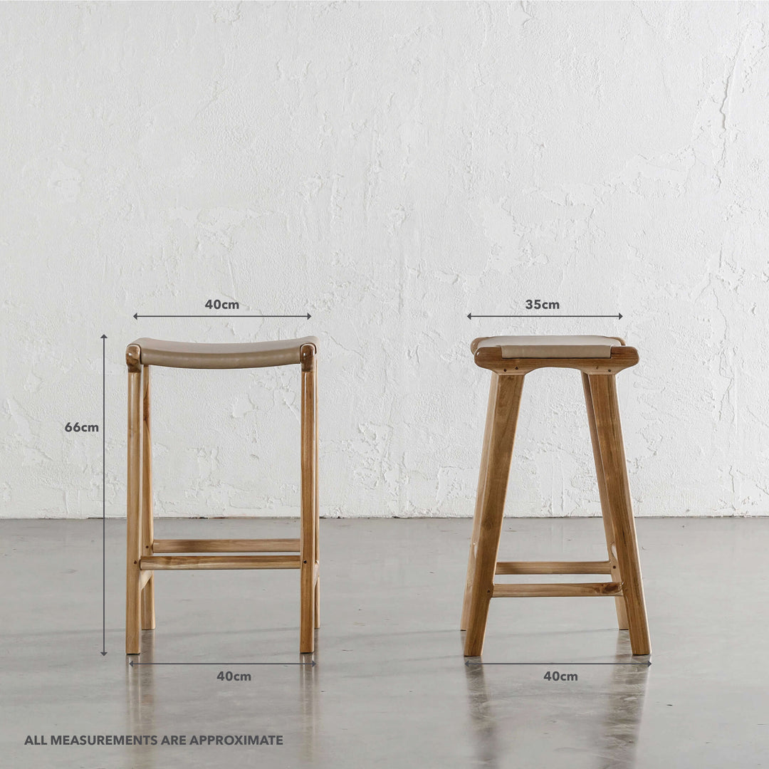 PRE ORDER | MALAND SOLID HIDE LEATHER COUNTER STOOL | LIGHT TAUPE LEATHER HIDE | MEASUREMENTS