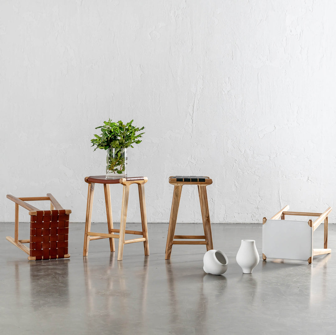 MALAND WOVEN LEATHER COUNTER STOOL  |  BLACK LEATHER HIDE