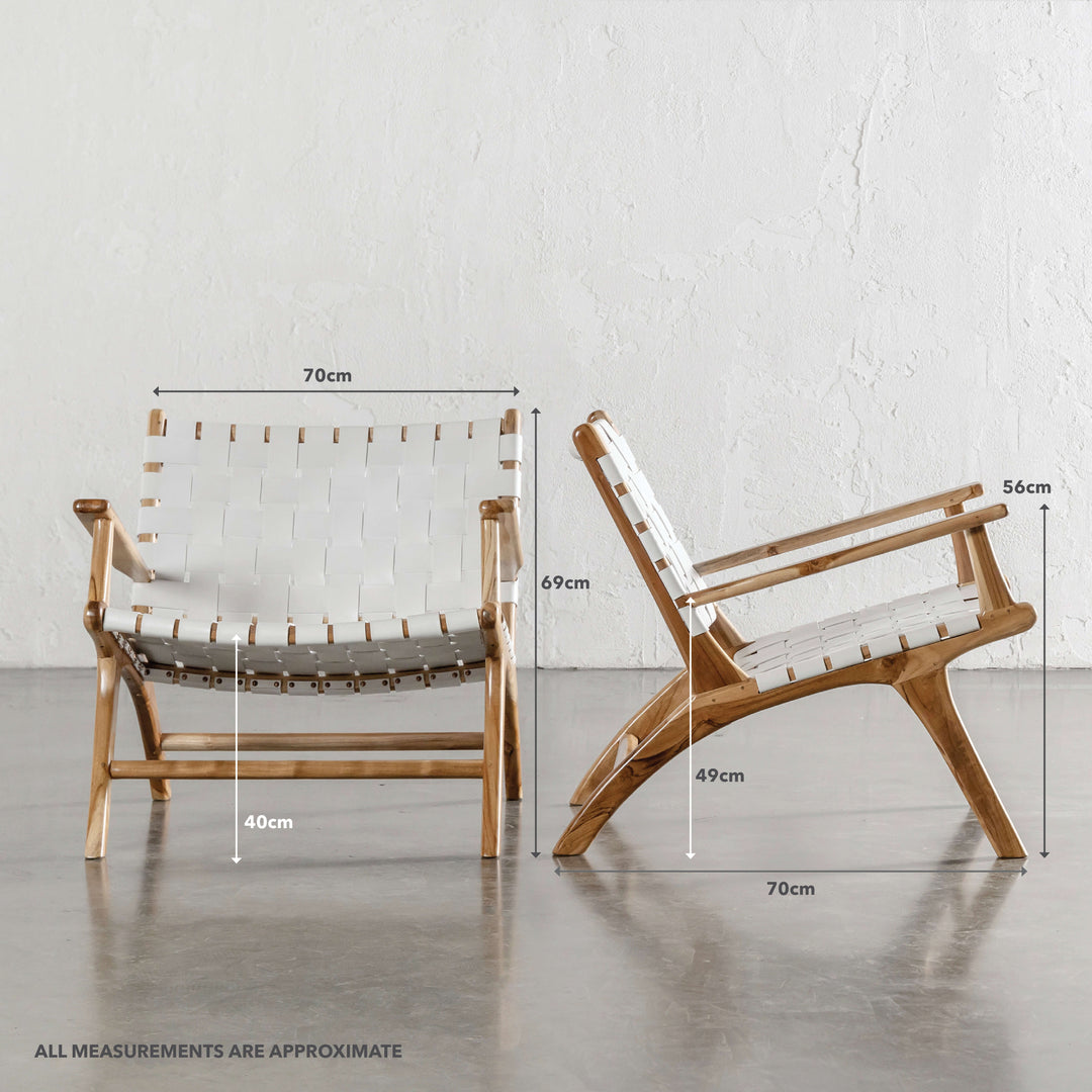 PRE ORDER | MALAND WOVEN LEATHER ARMCHAIR | WHITE LEATHER HIDE | MEASUREMENTS