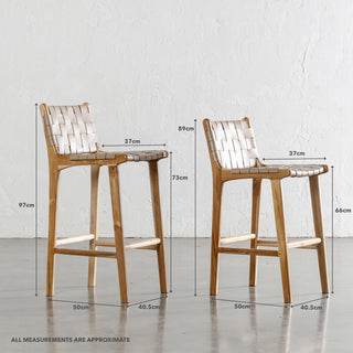 MALAND WOVEN LEATHER BAR CHAIRS  |  HIGH + LOW  |  LIGHT TAUPE LEATHER | MEASUREMENTS