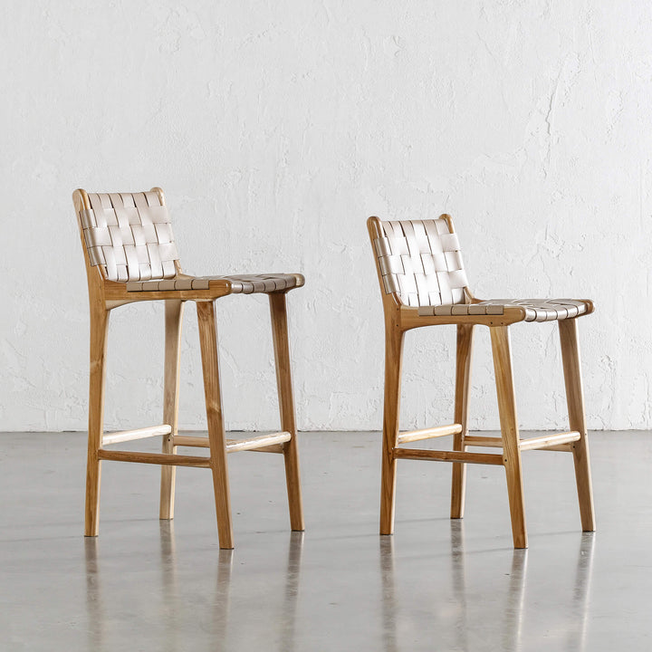 MALAND WOVEN LEATHER BAR CHAIRS  |  HIGH + LOW  |  LIGHT TAUPE LEATHER