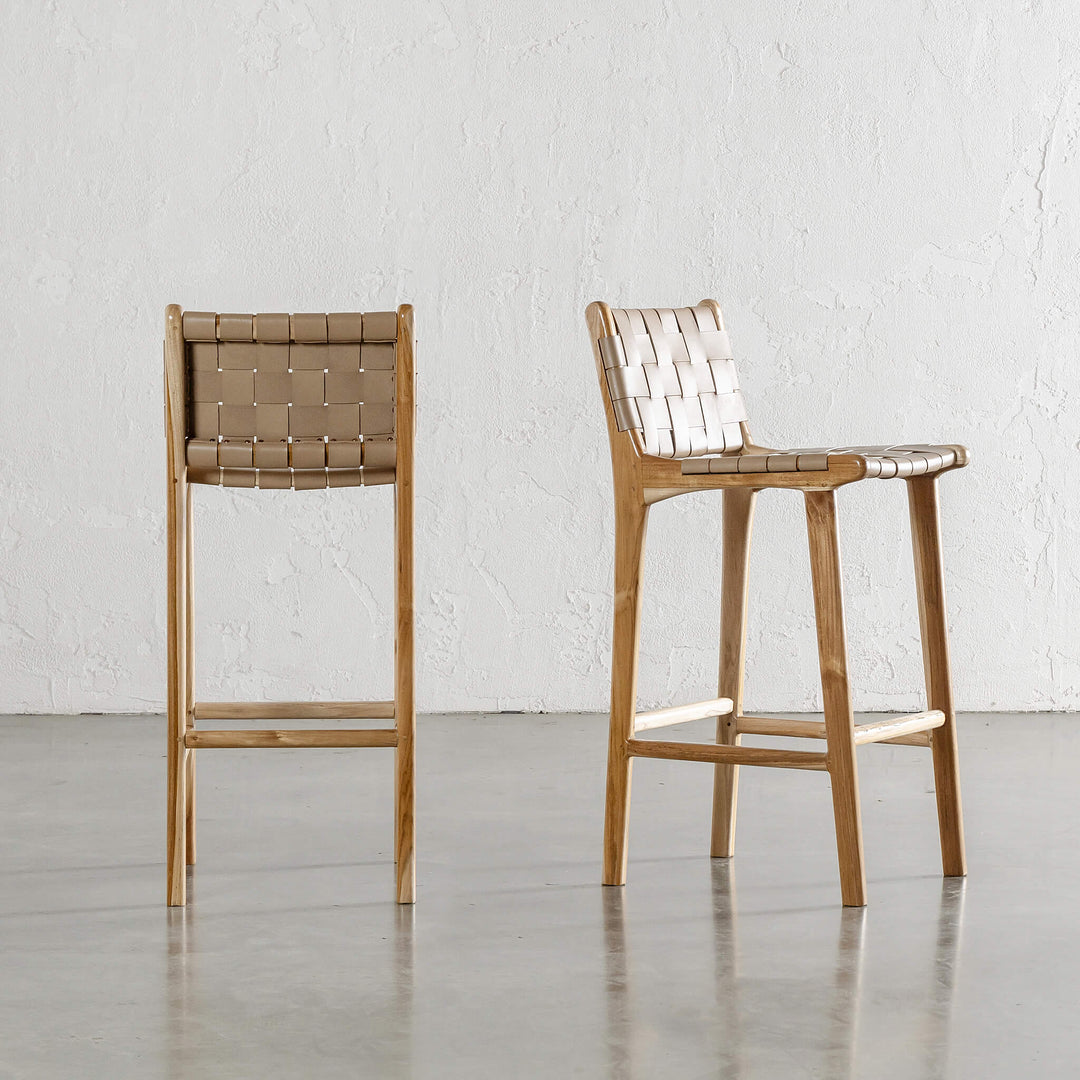 PRE ORDER  |  MALAND WOVEN LEATHER BAR CHAIRS  |  HIGH + LOW  |  LIGHT TAUPE LEATHER