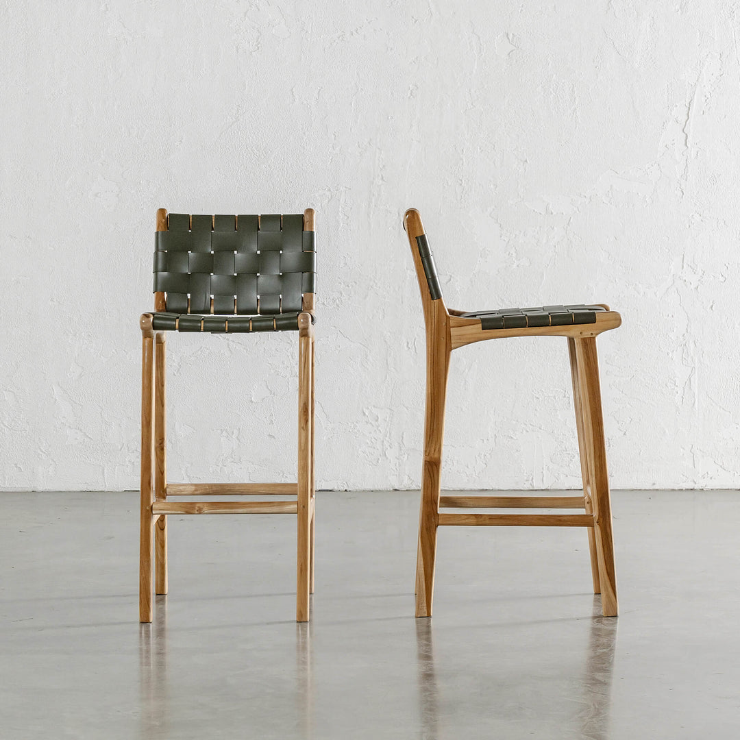 PRE ORDER  |  MALAND WOVEN LEATHER BAR CHAIRS  |  HIGH + LOW  |  OLIVE LEATHER