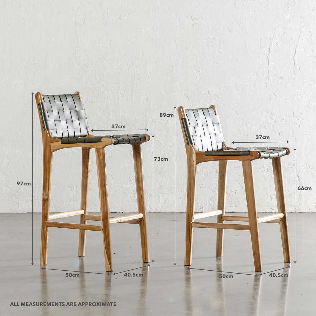 MALAND WOVEN LEATHER BAR CHAIRS  |  HIGH + LOW  |  OLIVE LEATHER | MEASUREMENTS