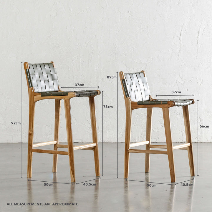 MALAND WOVEN LEATHER BAR CHAIRS  |  HIGH + LOW  |  OLIVE LEATHER | MEASUREMENTS