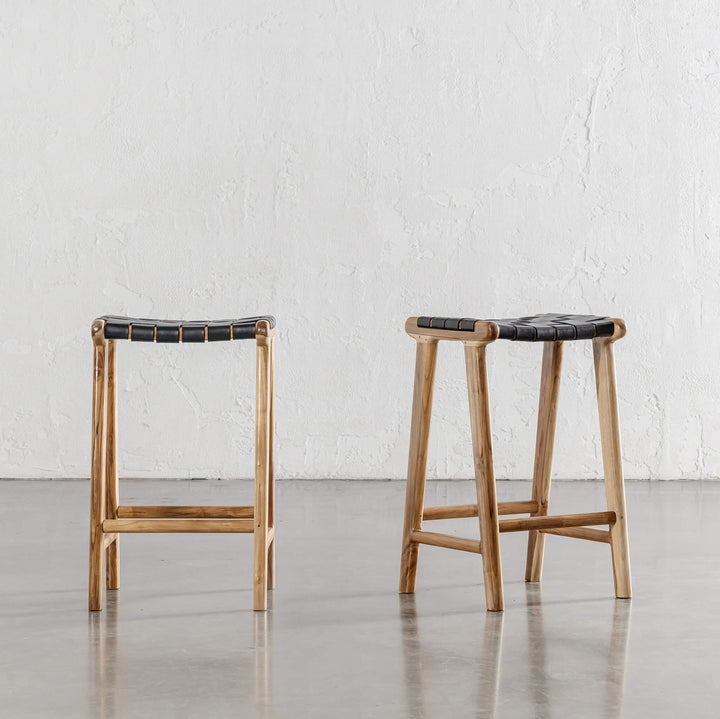 MALAND WOVEN LEATHER COUNTER STOOL |  BLACK LEATHER HIDE