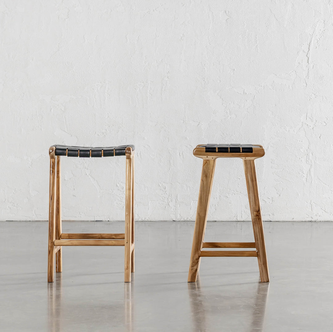 MALAND WOVEN LEATHER COUNTER STOOL  |  BLACK LEATHER HIDE