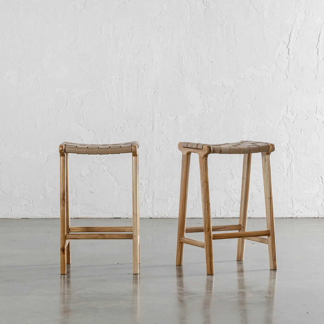 MALAND WOVEN LEATHER BAR STOOL  |  LIGHT TAUPE LEATHER HIDE