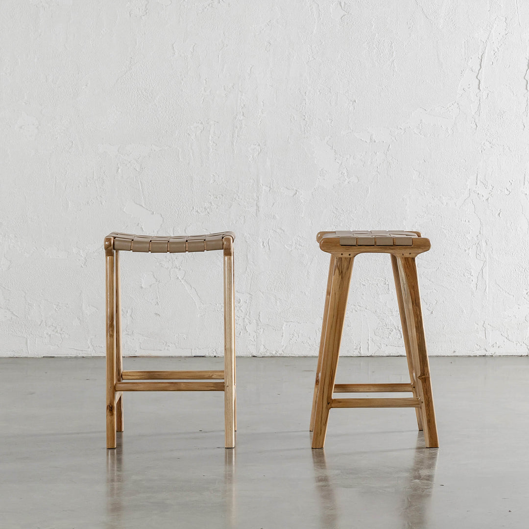 PRE ORDER  |  MALAND WOVEN LEATHER COUNTER STOOL  |  BUNDLE + SAVE  |  LIGHT TAUPE LEATHER HIDE
