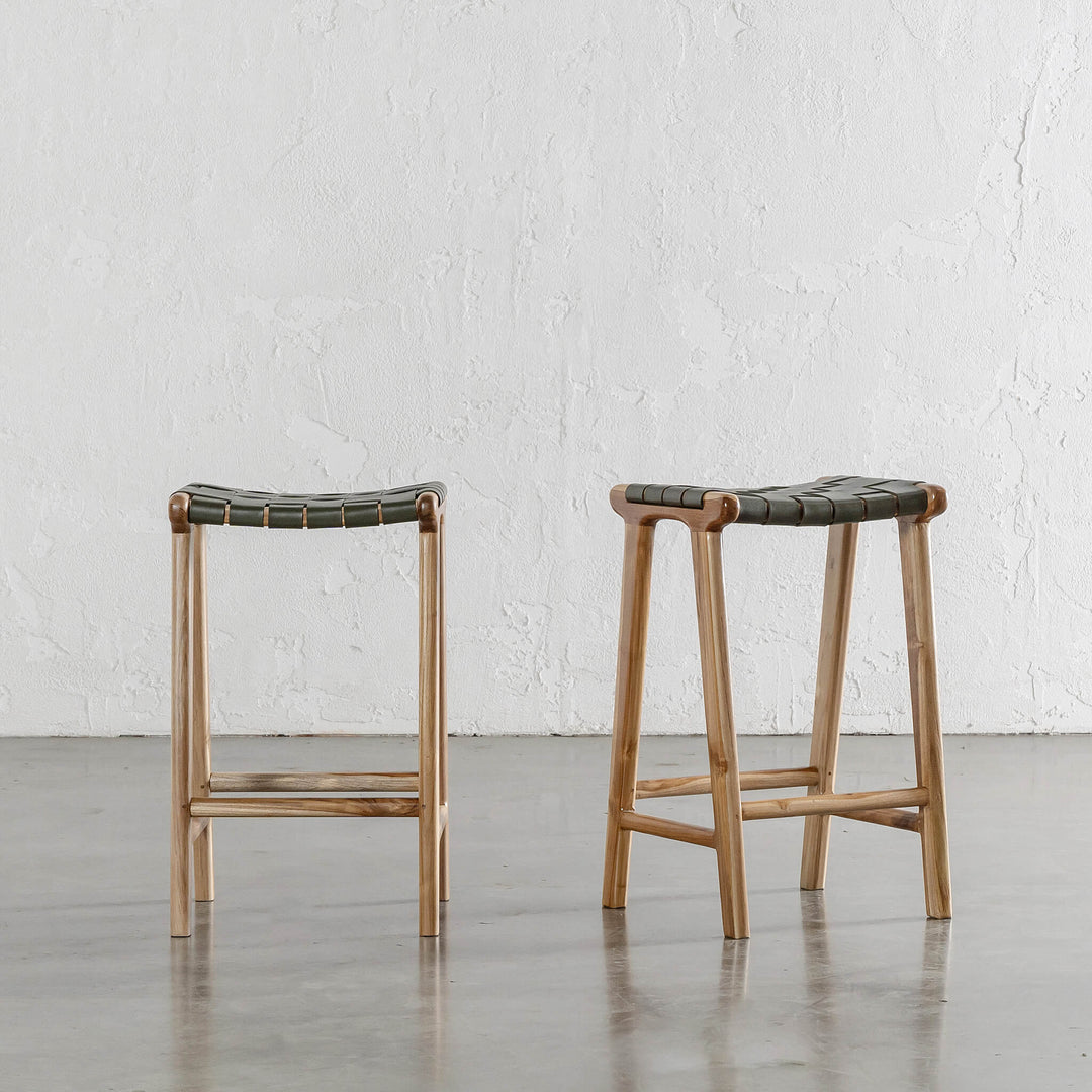 PRE ORDER | MALAND WOVEN LEATHER COUNTER STOOL  |  BUNDLE + SAVE  |  OLIVE LEATHER HIDE
