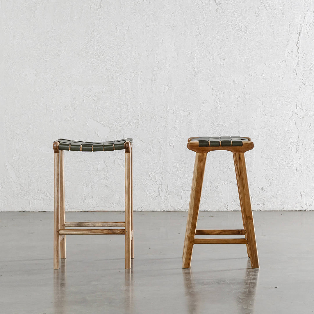 PRE ORDER | MALAND WOVEN LEATHER COUNTER STOOL  |  BUNDLE + SAVE  |  OLIVE LEATHER HIDE
