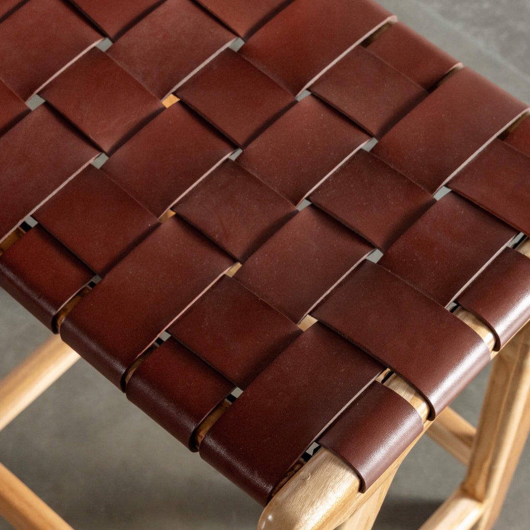MALAND WOVEN LEATHER COUNTER STOOL  |  TAN LEATHER HIDE