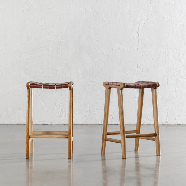 MALAND WOVEN LEATHER COUNTER STOOL  |  TAN LEATHER HIDE