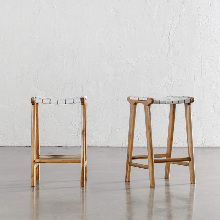 MALAND WOVEN LEATHER COUNTER STOOL  |  WHITE LEATHER HIDE