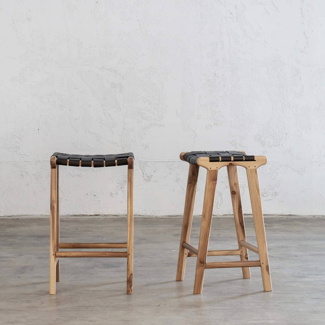 MALAND WOVEN LEATHER BAR STOOL  |  BLACK LEATHER HIDE