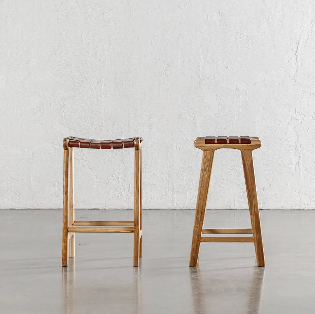 MALAND WOVEN LEATHER COUNTER STOOL  |  TAN LEATHER HIDE