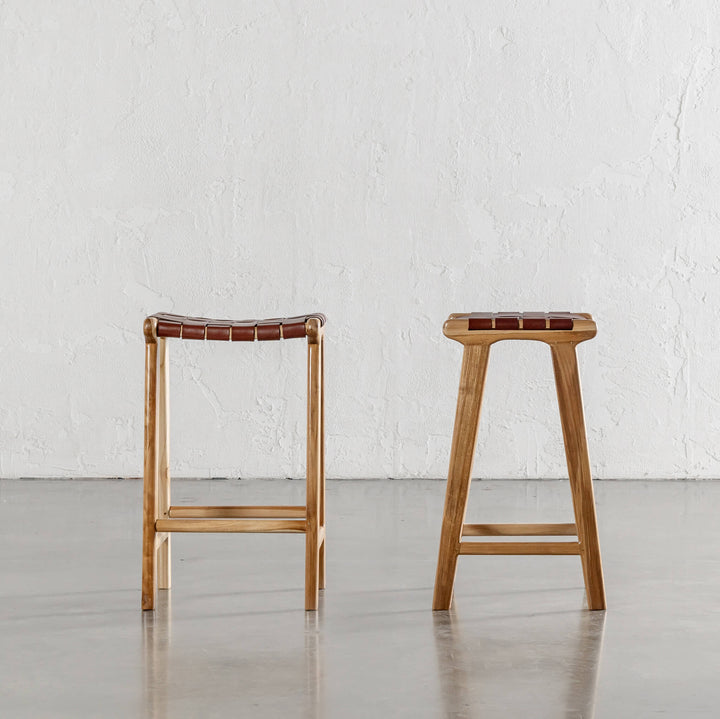 MALAND WOVEN LEATHER COUNTER STOOL  |  TAN LEATHER HIDE