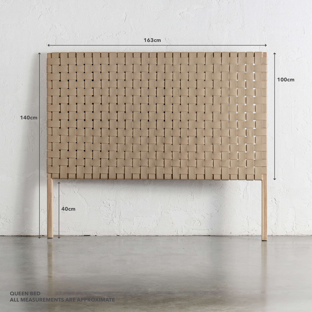 MALAND WOVEN LEATHER BEDHEAD  |  TOASTED ALMOND LEATHER HIDE  + BLONDE WOOD | QUEEN MEASUREMENTS