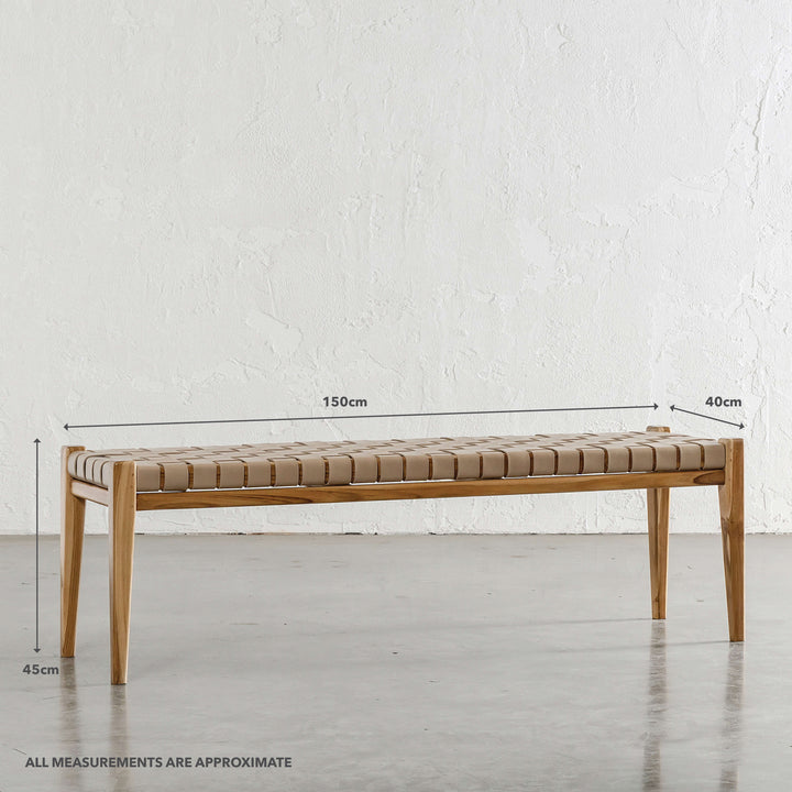 MALAND WOVEN LEATHER BENCH | LIGHT TAUPE LEATHER | MEASUREMENTS