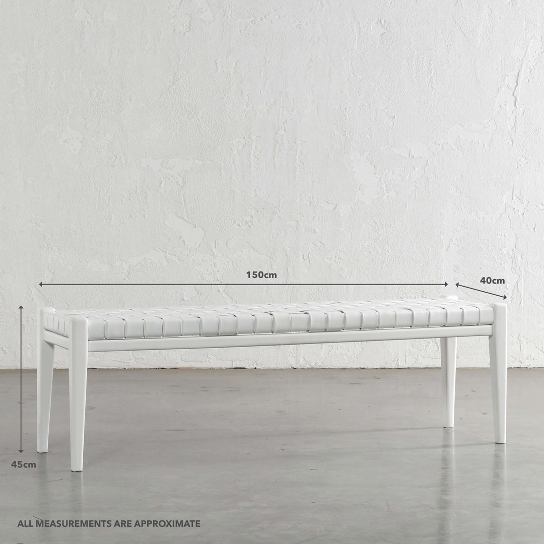 MALAND WOVEN LEATHER BENCH | WHITE ON WHITE LEATHER HIDE | MEASUREMENTS