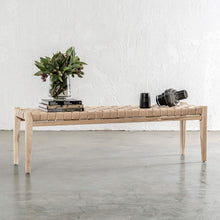 MALAND CONTEMPO WOVEN LEATHER BENCH  |  BLONDE WOOD + TOASTED ALMOND LEATHER HIDE