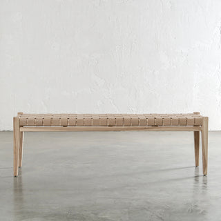 MALAND CONTEMPO WOVEN LEATHER BENCH | BLONDE WOOD + TOASTED ALMOND LEATHER HIDE