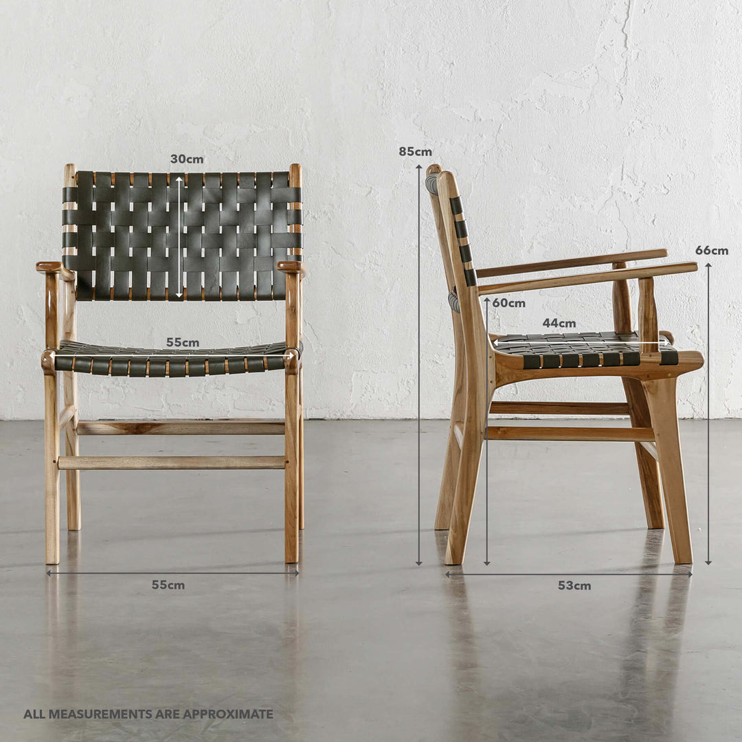 MALAND WOVEN LEATHER CARVER CHAIR | OLIVE LEATHER HIDE | MEASUREMENTS