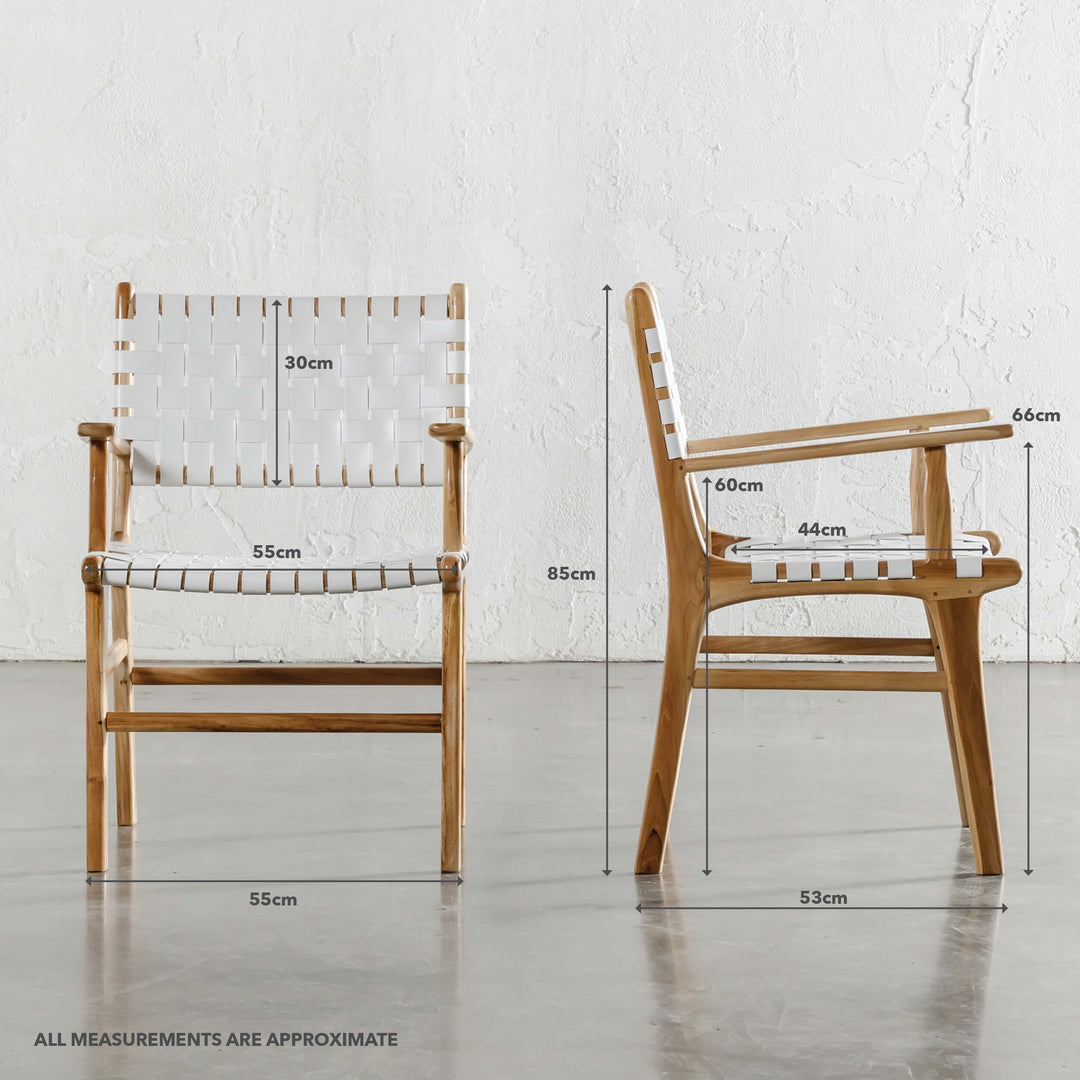 MALAND WOVEN LEATHER CARVER CHAIR | WHITE LEATHER HIDE | MEASUREMENTS