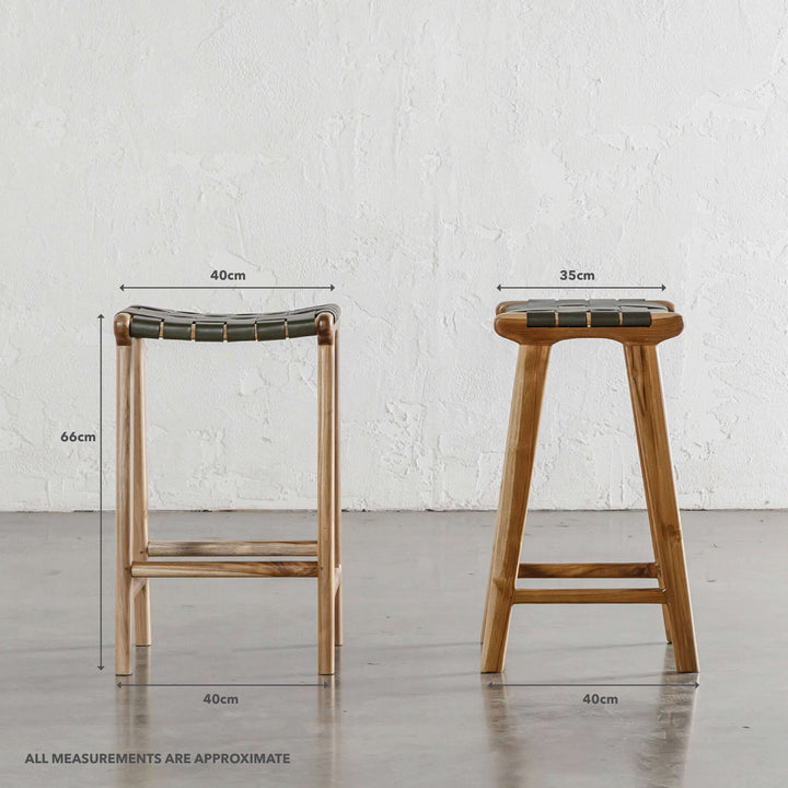 MALAND WOVEN LEATHER COUNTER STOOL  |  OLIVE LEATHER HIDE | MEASUREMENTS