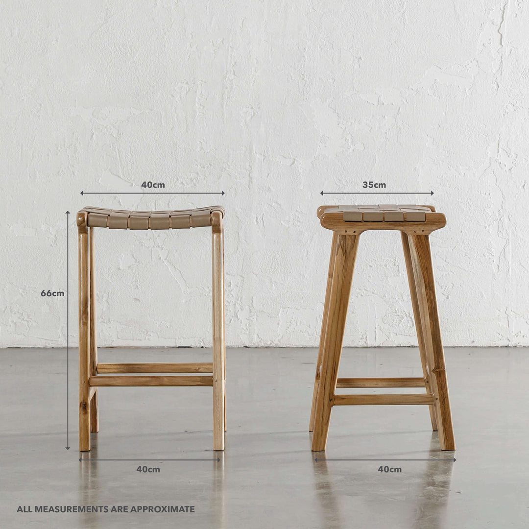 MALAND WOVEN LEATHER COUNTER STOOL  |  LIGHT TAUPE LEATHER HIDE | MEASUREMENTS